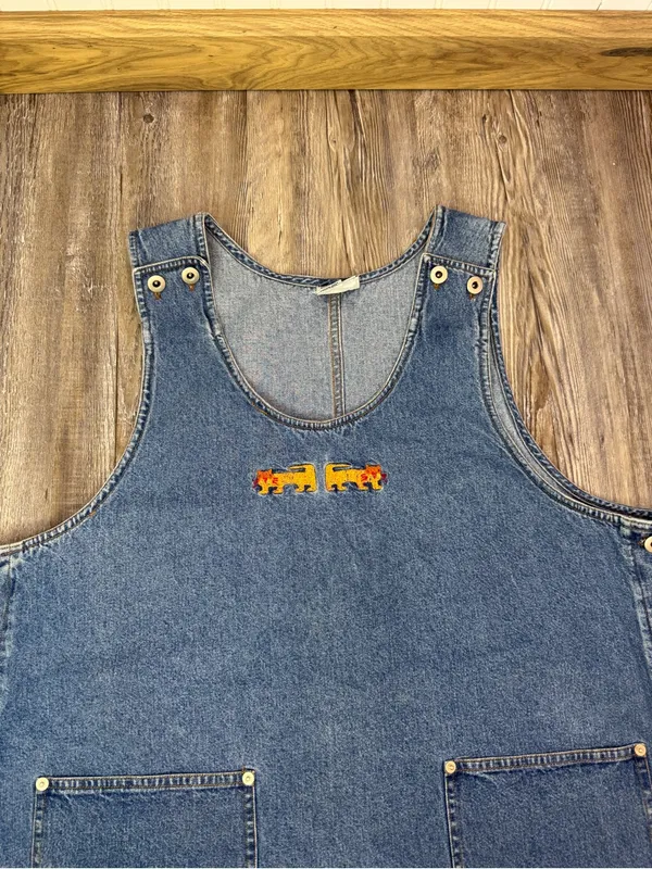 WWF Womens Rare Vintage Denim Overall Dress India Cat Embroidery Plus Size 1x - Image 5