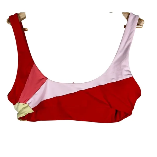 L*Space Colorblock Scoop Neck Bikini Top Red Pink Coral Retro Sporty Size M - Image 4