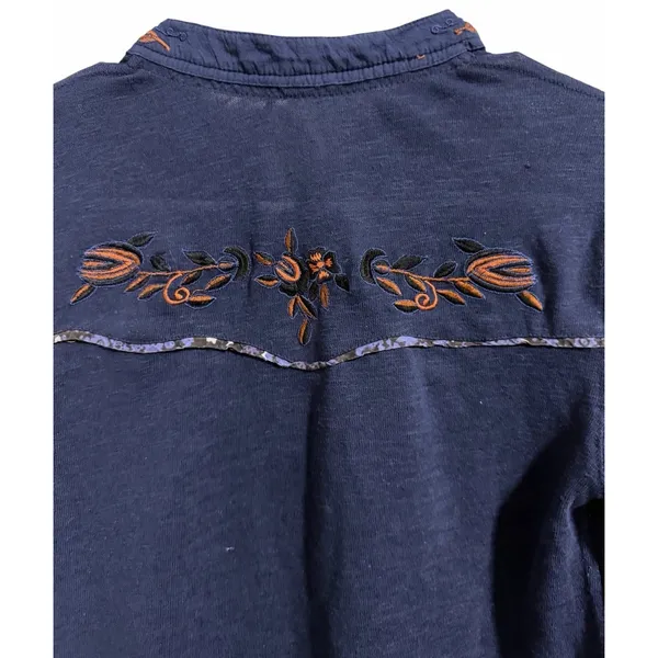 Free People Sundance Kid Embroidered Western Henley Top Navy Women's‎ Size XS - Image 4