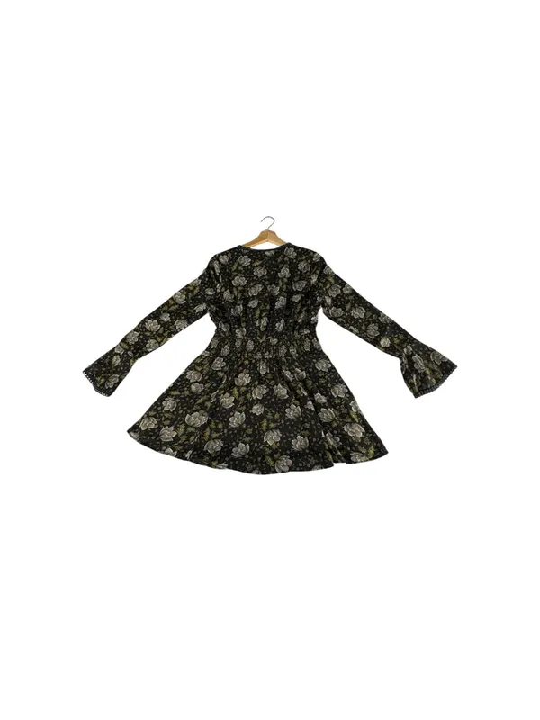 Doe & Rae Floral Mini Dress S Black Whimsigoth Bell Sleeve Smocked Boho - Image 5