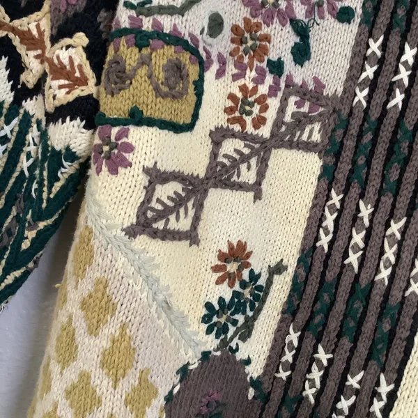 Vintage 90s Patchwork Knitted Retro Embroidered Cottagecore Goblincore Sweater S - Image 4