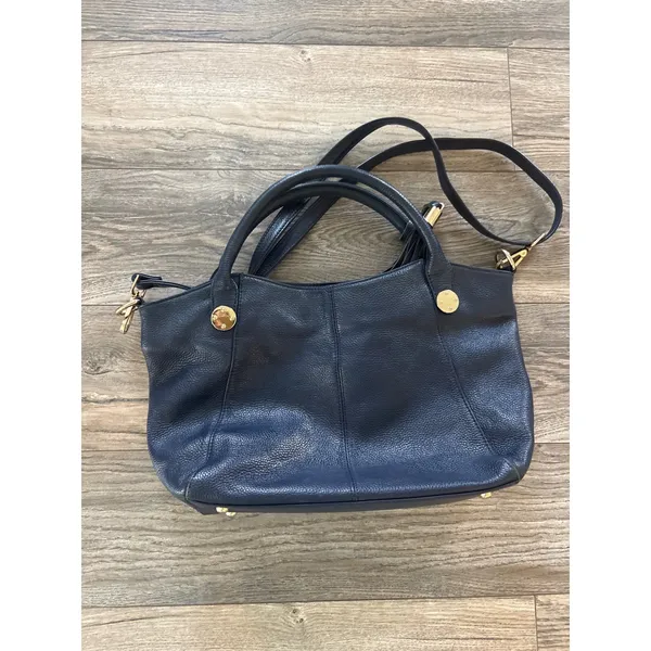 Donna Elissa Navy Blue Pebbled Leather Satchel Crossbody Bag Gold Hardware - Image 4