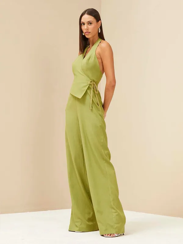 Forum AMC Textil Sleeveless Green Halter Wrap Jumpsuit Brazil Brand Size XS - Image 3