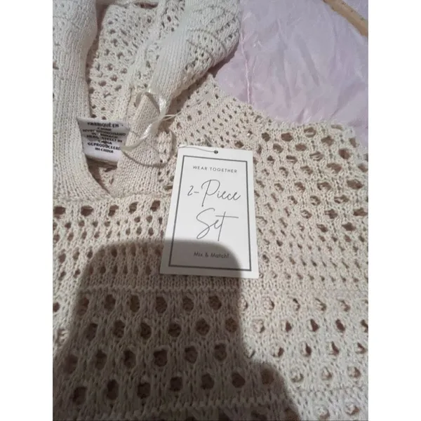NWT Sincerely Jules Beige 2 Pc Open Knit set Hooded Flare Pants XL Vacation - Image 7