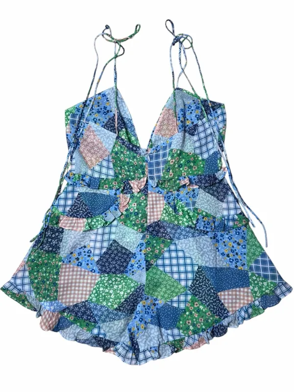 For Love & Lemons Blue Patchwork Juniper Romper Womans S - Image 8