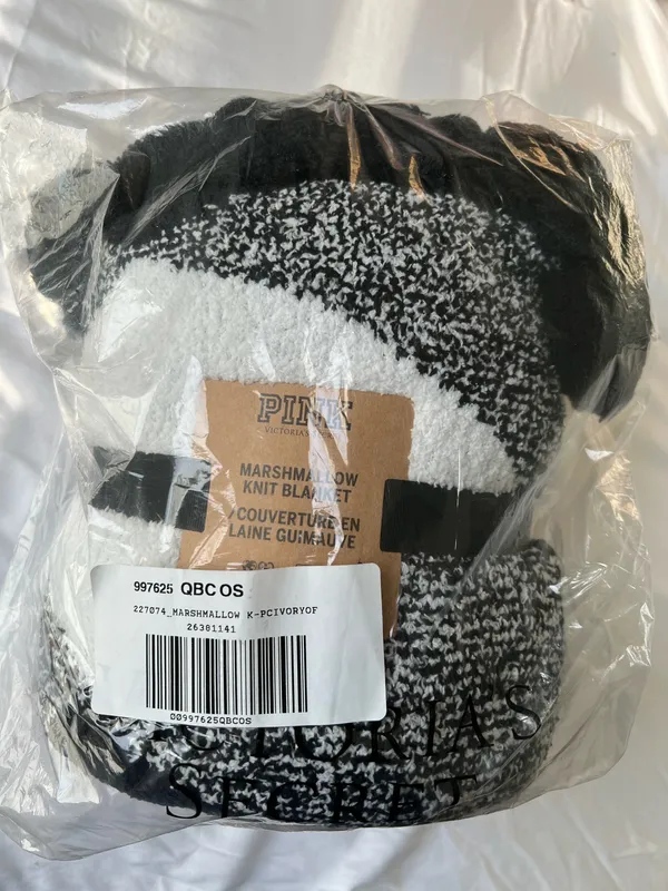 Victoria’s Secret VS pink black and white Pom Pom marshmallow knit blanket - Image 2
