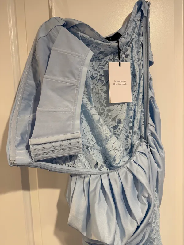 Club L London Powder Blue Lace And Satin Bandeau Maxi Dress US 2 NWT Coquette - Image 4