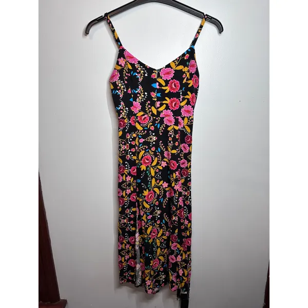 Express Floral Rayon Midi Sundress Black Pink Yellow Slit Smocked Back Women - Image 2