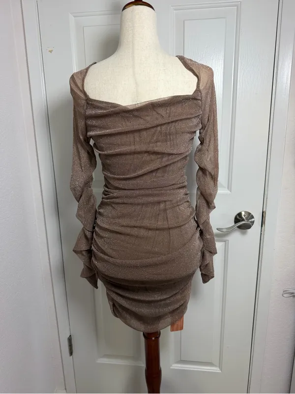 SHEIN Shimmery Ruched Tan Bodycon Dress Size XL - Image 4