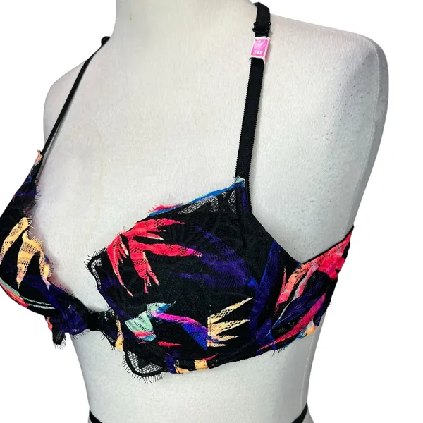 PINK Victorias Secret Push‎ Up Bra 34B Black Lace Floral Racerback Front Closure - Image 3