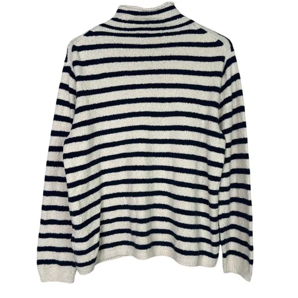 J. Crew Striped Knit Boucle Mock Neck Long Sleeve Sweater L Cream Navy Blue - Image 14