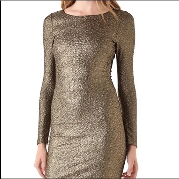 Alice and Olivia Gold Metallic Bodycon Midi Cocktail Party Dress - Image 7