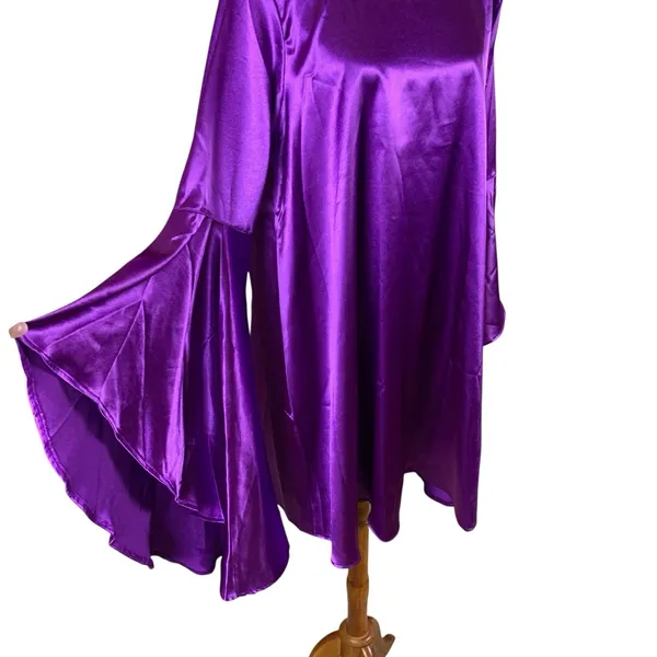 Aomei Purple Satin Bell Sleeve Swing Dress‎ L Glam Party Holiday Statement Piece - Image 3