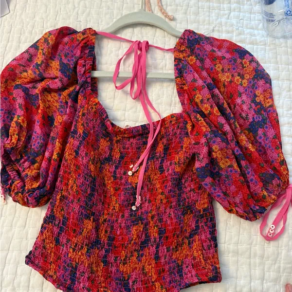 Free People Vibrant Floral Puff Sleeve Blouse - Pink and Orange - Image 2