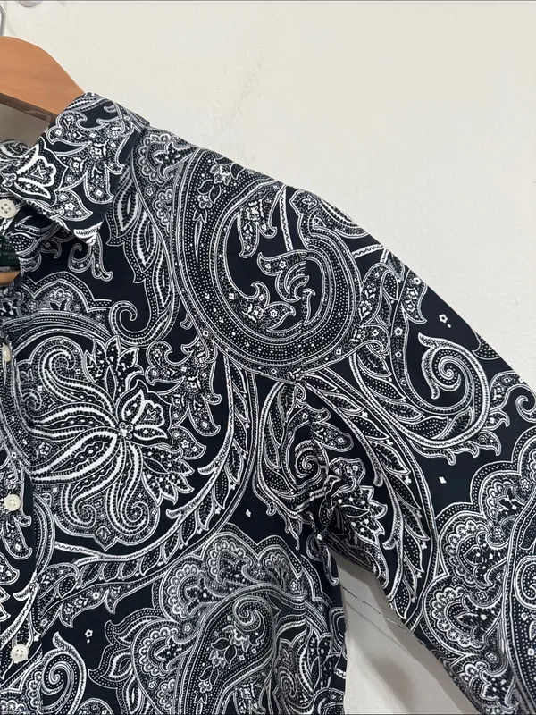 Lauren Ralph Lauren Black & White Paisley Non-Iron Button-Down Preppy Shirt sz M - Image 5