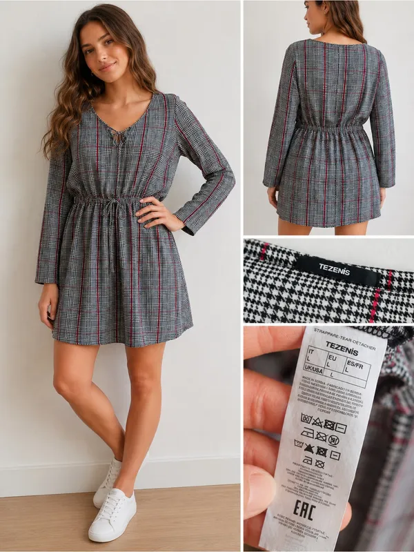 Gray Plaid Long-Sleeve Drawstring Waist Dress - Image 2