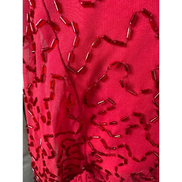Vintage 80s AJ Bari Beaded Silk Cocktail Dress Red Sheath Petite 6 Holiday Prom - Image 7