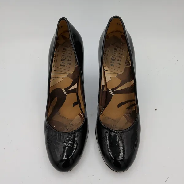 Stuart Weitzman Black Patent Leather Round Toe Block Heel Pump Womens 8.5M EU 39 - Image 4