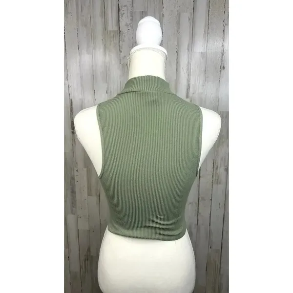 Zara Women's‎ XS Green Ribbed Knit Crop Top Mock Neck Sleeveless Casual Tank - Image 5