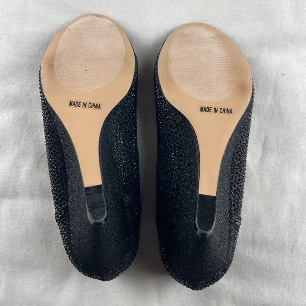 De Blossom Collection Black Rhinestone Glitter Peep Toe Wedge Heels Size‎ 9 - Image 4