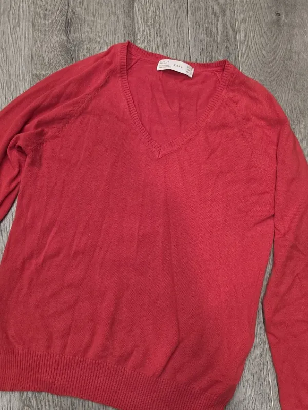 Zara Women Red V-Neck Long-Sleeve Knit Sweater Lightweight Cotton Blend Sz Large - Image 5
