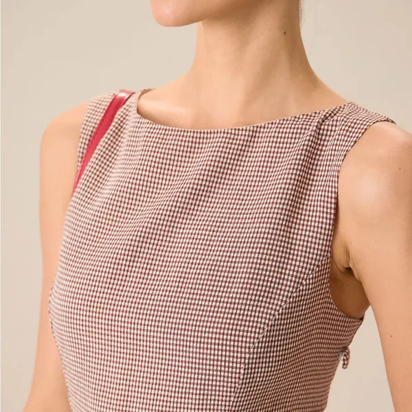 Rihoas Women's Boat Neck Brown Plaid Mini Dress - Image 3