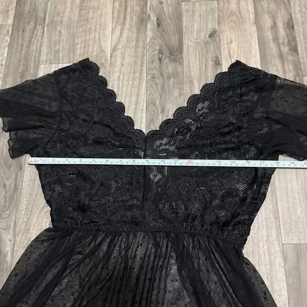 Vintage Y2K Black Sheer Swiss Dot Lace Flutter Sleeve Mini Slip Dress M - Image 6