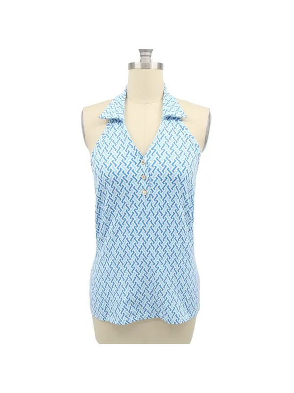 J. McLaughlin Blue White Printed Catalina Cloth Collared Halter Top S - Image 2