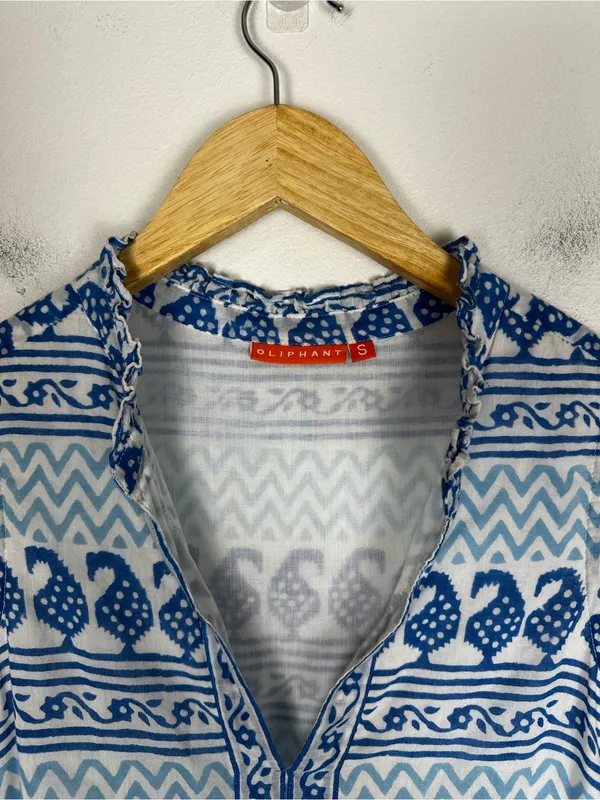 Oliphant Blue White Block Print Tiered Cotton Mini Dress Sleeveless Ruffle Small - Image 3