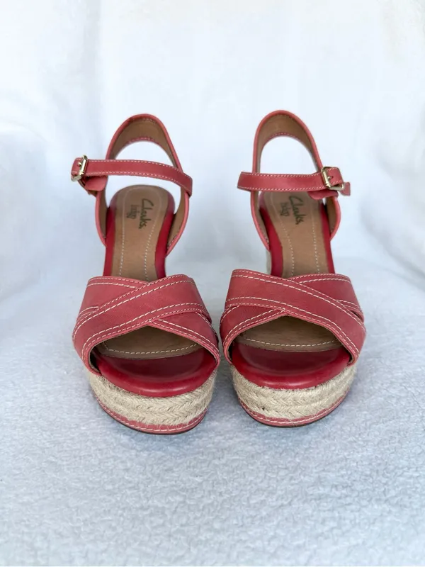 Clarks Coral /Beige Leather Wedge Espadrille Sandals Ankle Strap Buckle 6.5 - Image 5
