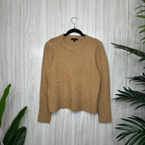 J. Crew Stretch Wool Cable Knit Crewneck Sweater Camel size M Medium BB408 - Image 3