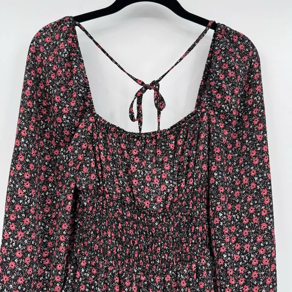 Code Mode Floral Smocked Long Sleeve Midi Dress Black Red Boho Cottagecore Sz M - Image 3