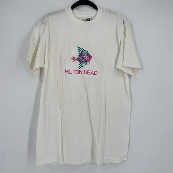 Vintage‎ 80s Hilton Head Single stitch Tropical Fish T-Shirt White Medium - Image 8
