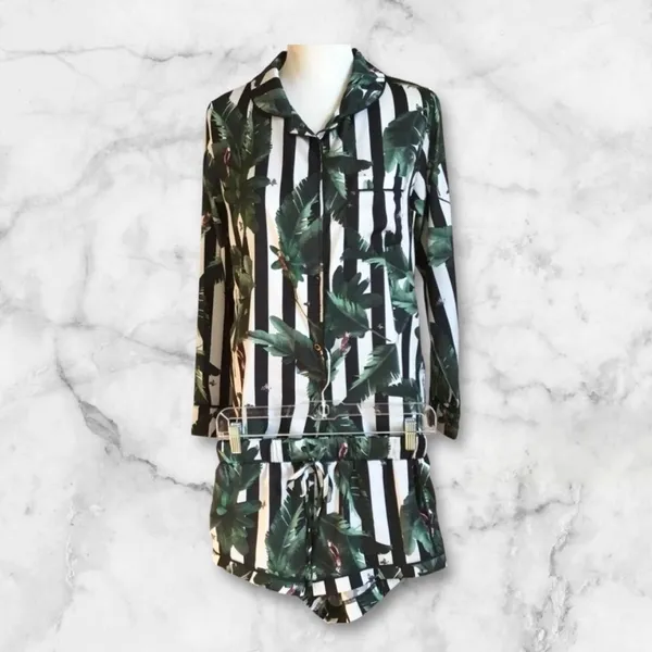 Revolve Plush Tropical Black White Striped Shirt and Short Sleep Set Leaf Print - Image 5