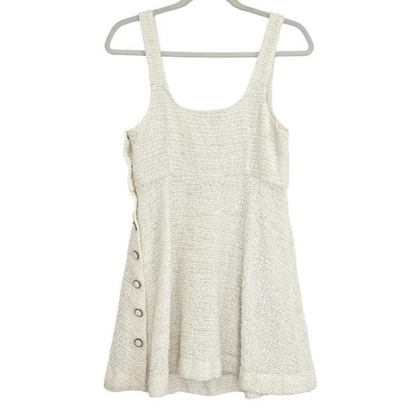 ZARA Womens White Tweed Scoop Neck Button Mini Dress Preppy Structured Chic Sz M - Image 8