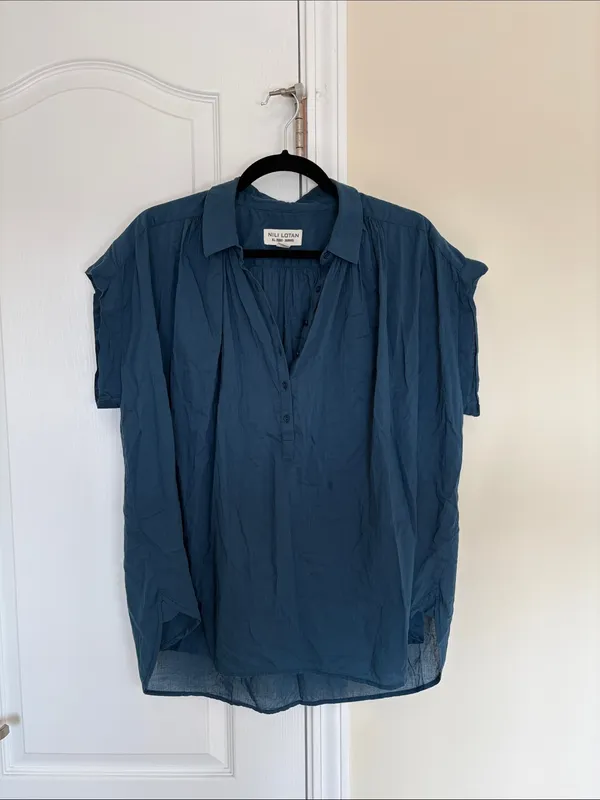 Nili Lotan Normandy Blouse Teal Blue 100% Cotton Flowy Oversized SZ S - Image 4