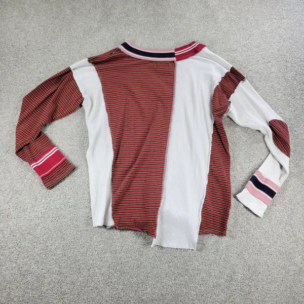 BDG UO Frazier Sweater M White Red Stripe Asymmetric Patch Waffle Knit Acadamia - Image 2