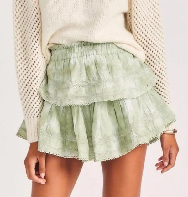 LoveShackFancy Tiered Ruffle Mini Skirt Moss Green Hand Tie Dye Size Medium - Image 10