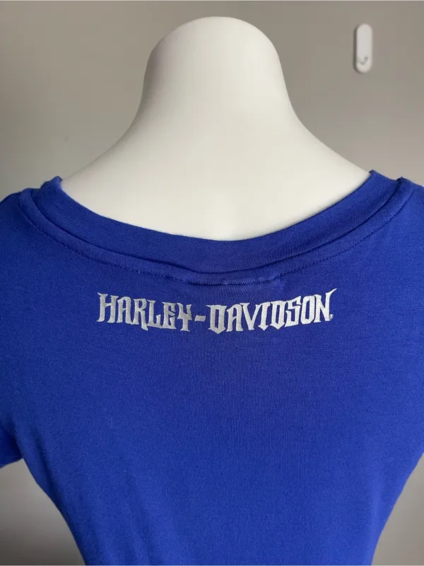 HARLEY DAVIDSON | Blue Short-Sleeve Scoop Neck Top with Beaded Trim Sz M - Image 7