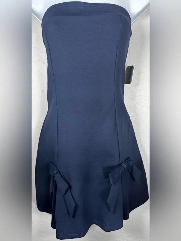 Altar'd State Navy Strapless Mini Dress with Bow Accents Size Large - Image 3