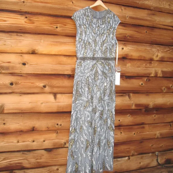 Mac Duggal Size 12 Silver Gray Gold Beaded Cap Sleeve Column Gown Maxi Dress - Image 7