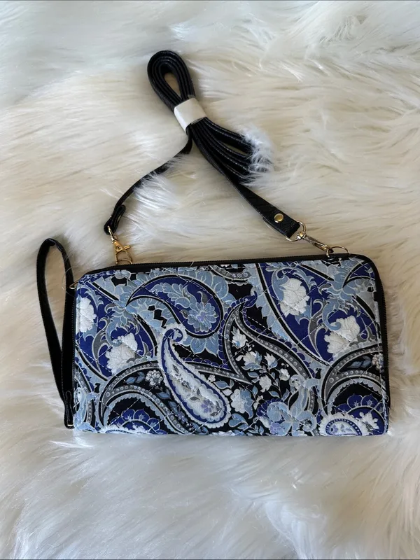 Small Blue Paisley Wristlet Clutch with Removable Strap - Image 2