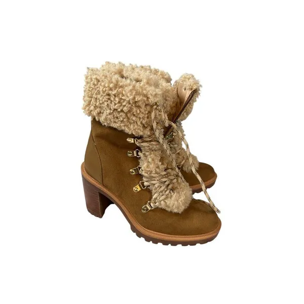 JLO Jennifer Lopez Brown Shearling-Lined Lace-Up Boots With Block Heel - Image 13