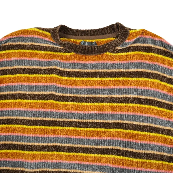 Volcom Women's XL Chenille Striped Cropped Crew Neck Sweater Brown Orange Yellow - Image 2