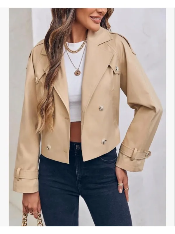 NEW Lapel Double Breasted Cropped Belted Trench Coat Jacket M Size M - Image 4