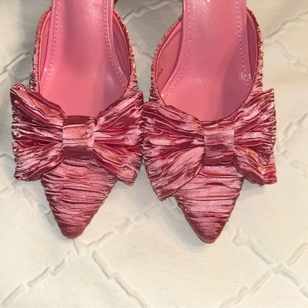 Lulus Rose Pink Satin Textured Bow High Heel Mules(Size 6) - Image 5