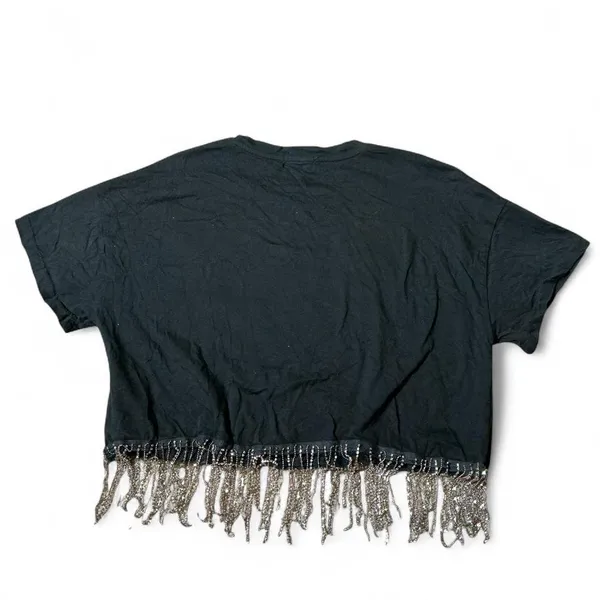 Cropped Route 66 T Shirt‎ Women Rhinestone Fringe Black Graphic Tee Grunge - Image 2