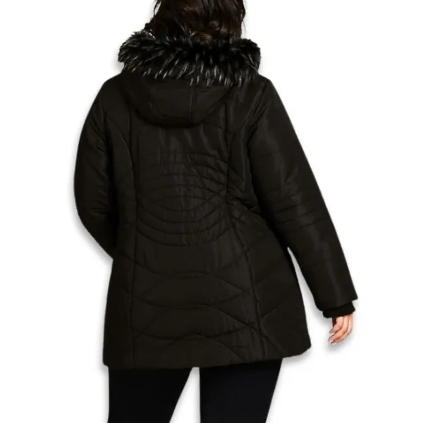 Avenue Puffer Jacket Quilted Design Faux Fur Trim Hooded Solid Black W 14/16 NWT - Image 5