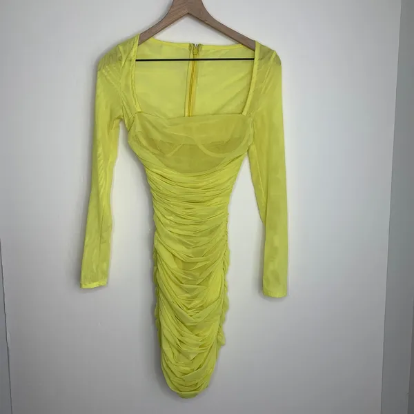House of CB Valentina Yellow Long Sleeve Ruched Organza Mesh Mini Dress XS - Image 15