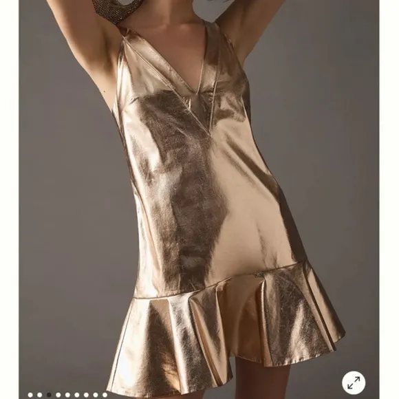MARE MARE ANTHROPOLOGIE Gold Metallic V-Neck Dress Mini Size L‎ NWT - Image 4